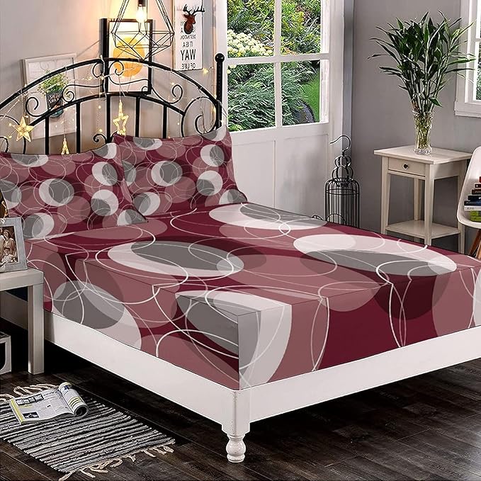 XISUNYA Decorative Bedding Sheet Set Cal-King Size, Maroon Deep Pockets Fitted Sheet & 2 Pillow Sham Set, Retro Skinny Ring Shapes Overlapping Circles Funky Print Microfiber 3pc Bed Sheets Set