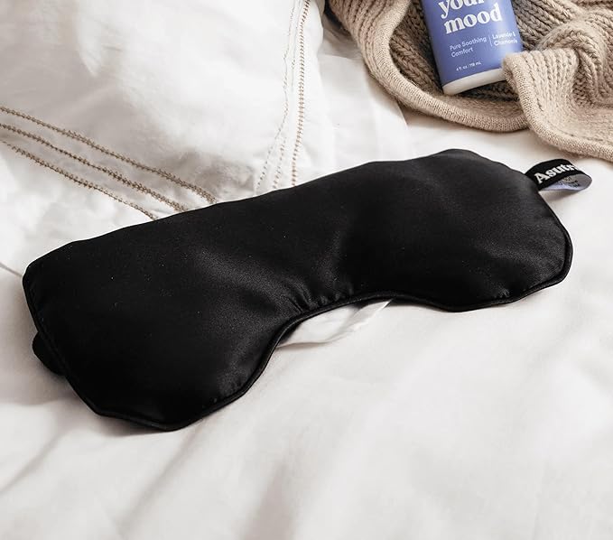 ASUTRA Silk Eye Pillow for Sleep, Black - Filled w/Lavender Buds & Flax Seeds, Weighted Eye Mask, Meditation & Light Blocking Blindfold, Cooling Gel Mask Included