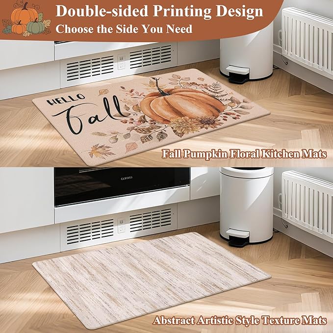 U'Artlines Fall Kitchen Rugs Sets of 2, Kitchen Mats Cushioned Anti Fatigue Printed on Both Sides, Autumn Pumpkin Flowers Comfort Desk Standing Rugs for Halloween Home Fall Decoration 17"x28"+17"x47"