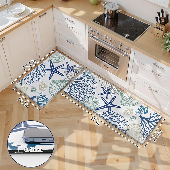 SHACOS Coastal Kitchen Rugs Set of 2 Anti-Fatigue Kitchen Mats Summer Cushioned Mats with Sea Themed White Blue Starfish Shell Coral Tropical Fish 17x27.5+17x47, Coastal Beach