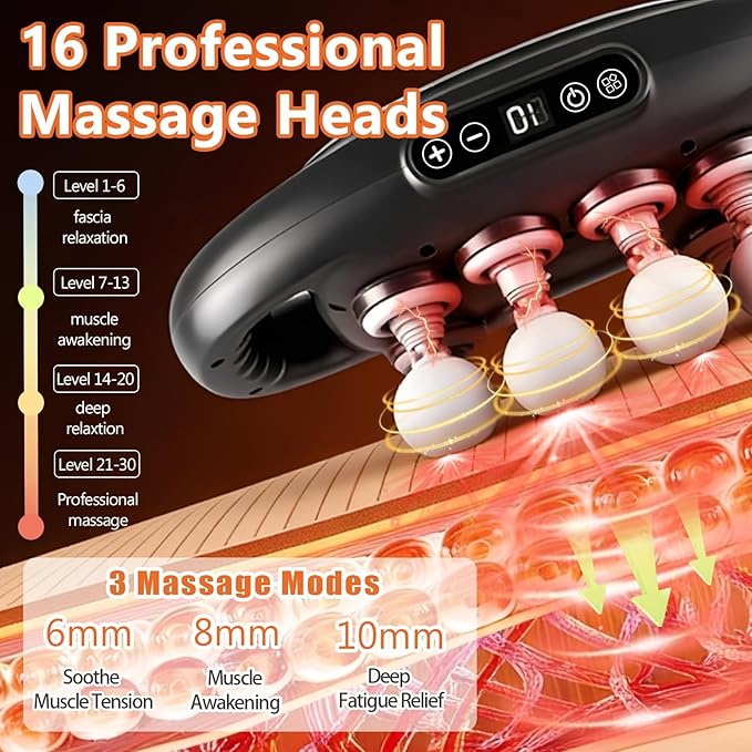 16-Head Massage Gun-Professional Deep Tissue Massager for Thighs, Arms, Waist, Back, Muscle Tension Relief, Electric Percussion Massage Gun with 3 Modes & 30-Speed Touch Screen Adjustment