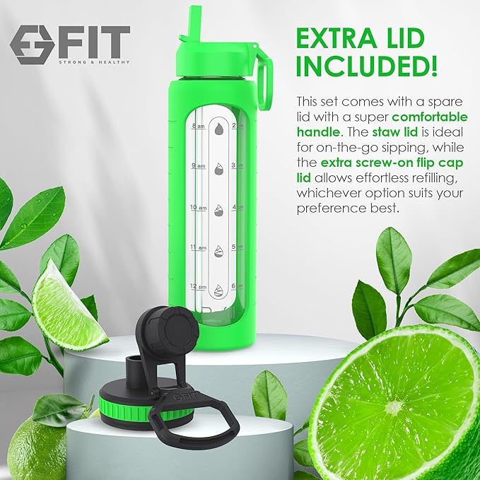 FIT Strong & Healthy 32 oz Glass Water Bottle with Straw Lid - Wide Mouth Borosilicate Glass Water Bottles with Time Marker, Silicone Sleeve & Extra Lid - 1L Large Motivational Drinking Bottle