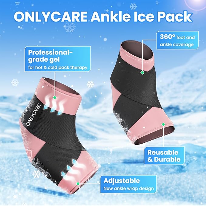 ONLYCARE Ankle Ice Pack Wrap, Soft Gel for Hot & Cold Hand Therapy for Sprained Ankle Injuries, Achilles Tendonitis, Plantar Fasciitis,Pink