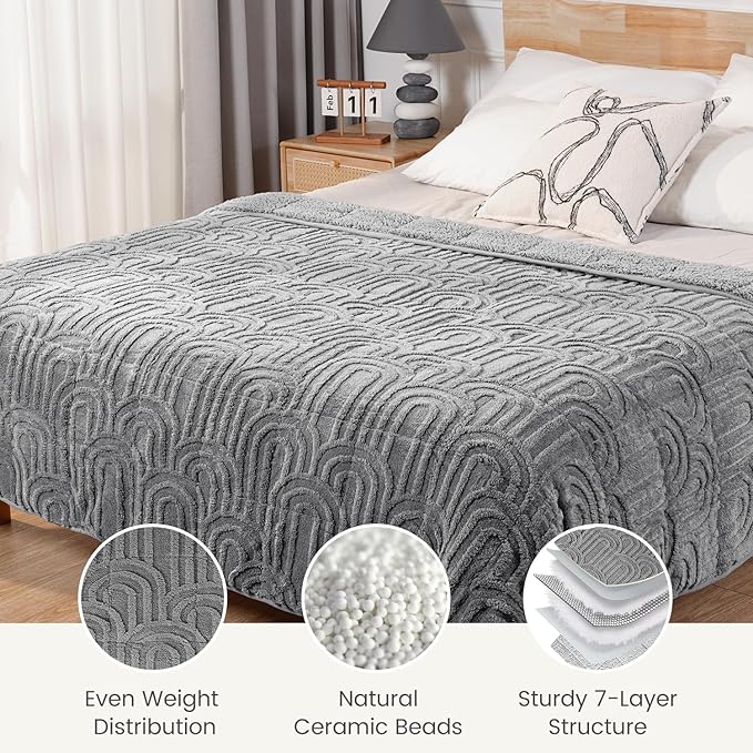 Sherpa Fleece Adult Weighted Blanket Great for Sleep, 15 lbs Dual Sided Soft Fuzzy Heavy Blankets for Couch Bed Sofa, Cozy Warm Fluffy Arched Jacquard Throw for Winter (Grey, 60" x 80", 15 Pounds)