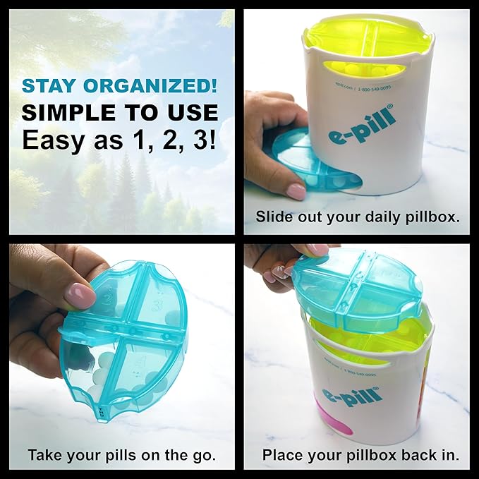 e-Pill Tower Pro - 4 Times a Day x 7 Day Weekly Pill Organizer, Vitamin and Medicine Pill Box - Stackable Pillbox Holder and Pill Cutter