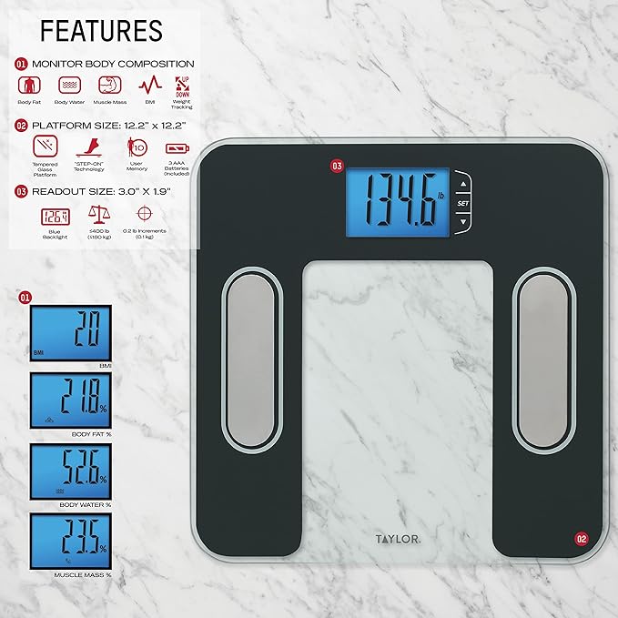 Taylor Digital Glass Body Composition Scale, Bathroom Scale for Body Weight, Measures Body Fat, Body Water, Muscle Mass and BMI, 10-User Recognition, FSA HSA Eligible, 400 lb Capacity, White and Black