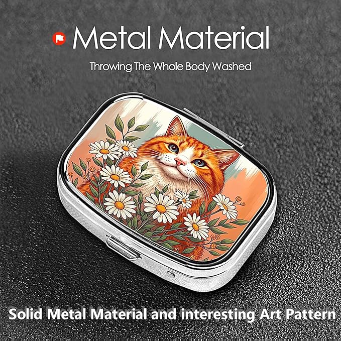 ABLESKY Pill Box, 2 Compartment Pill Organizer Case for Pocket or Purse, Small Portable Metal Travel Medicine Box with Mirror, Daily Vitamins Fish Oil Container-Chamomile Orange Cat