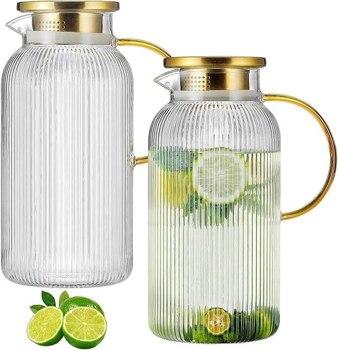 2 PACK Glass Pitcher with Lid, 84oz/2.5L Liter Classic Vertical Stripes Water Pitcher,Glass Water Carafe for Cold Brew, Coffee, Lemonade, Iced Tea,Sun Tea, Beverage, Heat Resistant