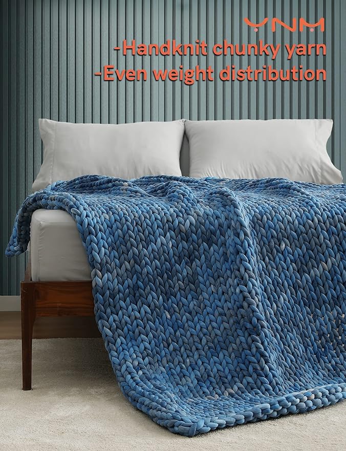 YnM Weighted Blanket, Handmade Chunky Knitted Design, Soft and Cozy, Temperature Regulating and Breathable, Machine Washable Throw for Sleep or Home Decor (Dark Blue Tie-Dyed, 80x87 Inch, 25lbs)