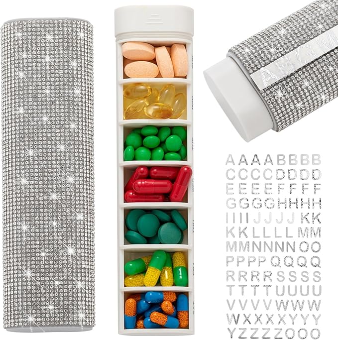 Pill Case for Purse Bling 7-Day Pill Organizer Weekly Compact Medicine Containers Travel Medication Box Holder for Traveling Women(White)