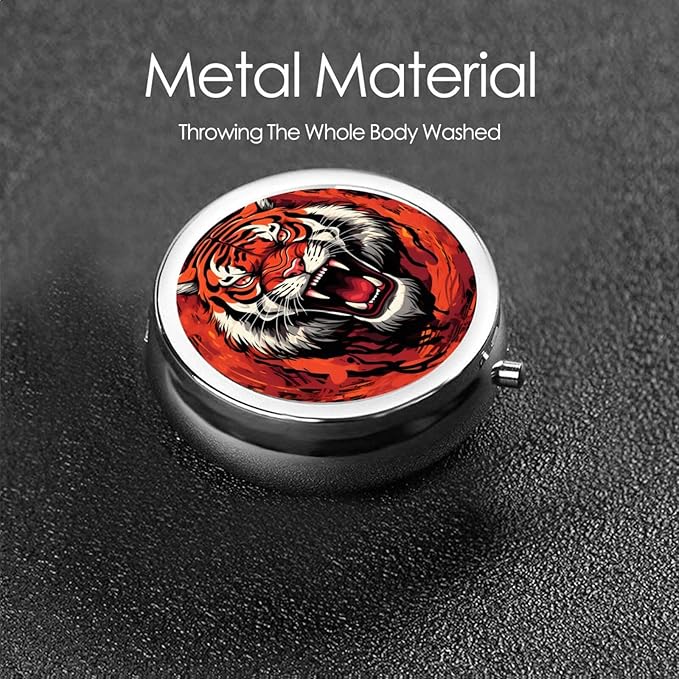 Abstract Angry Tiger Pill Box 3 Compartment Pill Case, Portable Medicine Pill Organizer for Pocket Purse Pill Box Decorative Metal Medicine Vitamin Organizer