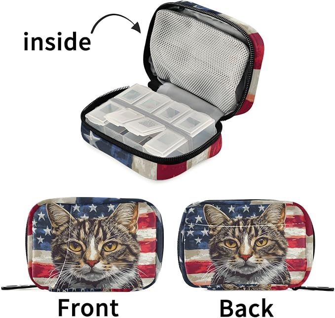 American Flag Cat Travel Medicine Organizer Bag Compact Pill Case with Inner Compartments & Secure Zipper for Women Men Seniors