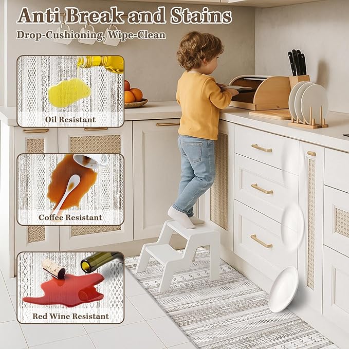 Arttown Anti Fatigue Mats for Kitchen Floor, Boho Moroccan Farmhouse Kitchen Mats Cushioned Anti Fatigue Rug, Waterproof Non-Slip Washable Kitchen Rugs - Cream Brown