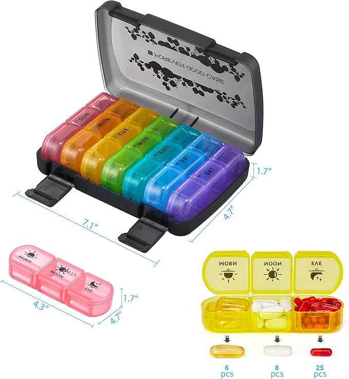FGcase 7 Day Pill Organizer 3 Times a Day Large Weekly Pill Case with Secure Travel Shell, Rainbow 21 Compartments Pill Box for Fish Oil/Vitamins/Supplements BPA-Free and Moisture-Proof, Black