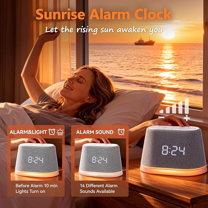 Sunrise Alarm Clock Sound Machine for Sleep, 10 Soothing Sounds Sleep Aid White Noise Machine for Heavy Sleepers, Timer, Easy Snooze, Wake Up Light for Bedrooms, Adults, Kids