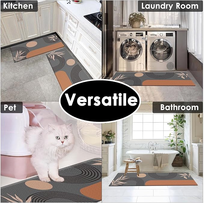 Kitchen Mats for Floor 2 PCS, Anti Fatigue Mat Set, Boho Cushioned Non Slip Waterproof Kitchen Rugs, Wipe Clean PVC Leather Runner for Sink, Laundry, Office, 17"x47"+17"x29", Brown