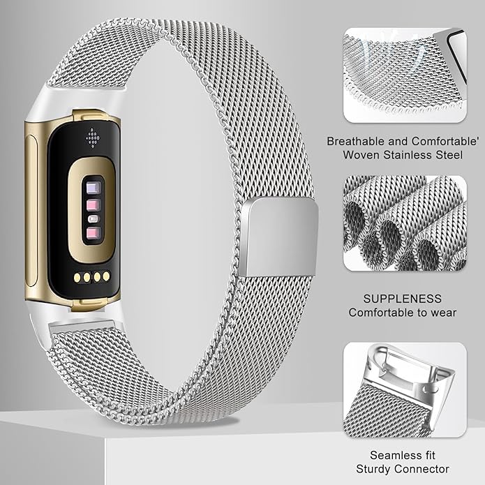 surundo Compatible with Fitbit Charge 6/Charge 5 Bands for Wmen Men, Metal Mesh Milanese Loop Adjustable Strap Replacement for Fitbit Charge 6/Charge 5 Advanced Fitness & Health Trackers