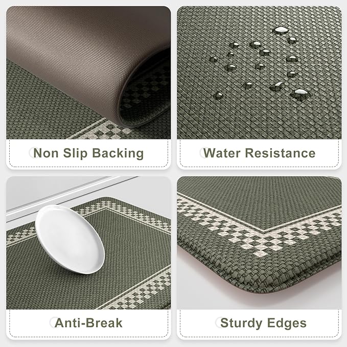 Anti Fatigue Kitchen Mats for Floor 2PCS, Non Slip Kitchen Rugs and Mats, Memory Foam Kitchen Mat, Heavy Duty Ergonomic Comfort Rugs for Kitchen Floor, Office, Sink, Green