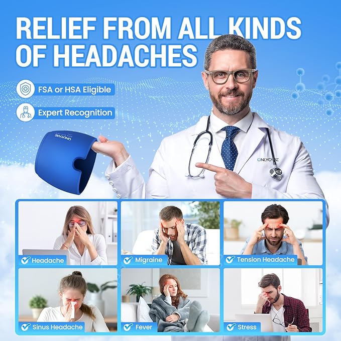 ONLYCARE Migraine Relief Cap, Upgraded Odorless Headache Relief Cap Mask Products, 360° Gel Surround Cooling Ice Pack Mask Head Wrap for Tension, Migraine, Sinus, Stress, Headaches, Hangover, Blue