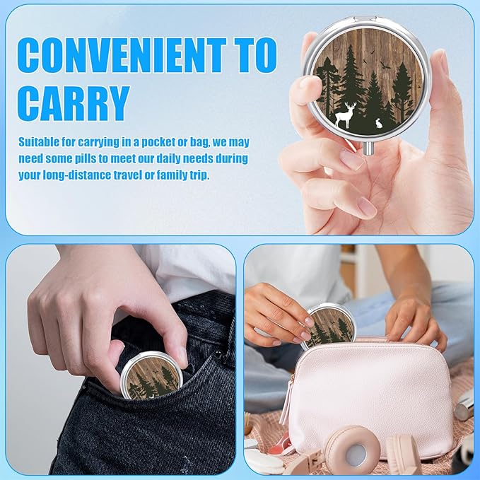 Deer Forest Pill Case, Wooden Grain Pill Box 3 Compartments Metal Small Pill Holder with Mirror Mini Travel Pill Container for Purse Pocket Women Men