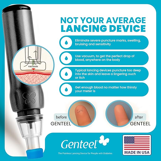 Genteel Plus - Pain Free Vacuum Lancing Device for Diabetes Testing - Blood Sugar, Glucose, Ketone, and DNA Home Tests (Buff Black)