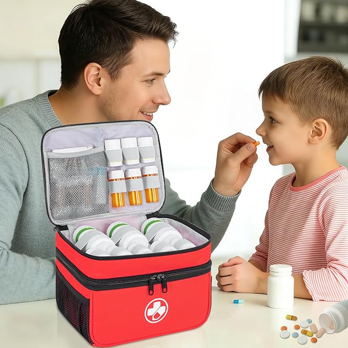 Dual Layers Medicine Organizer Bag, Pill Bottle Organizer Storage with Lockable Zipper, Lockable Medicine Travel Case for Pills, Vitamins, Medical Supplies, Red（Lock not Included）