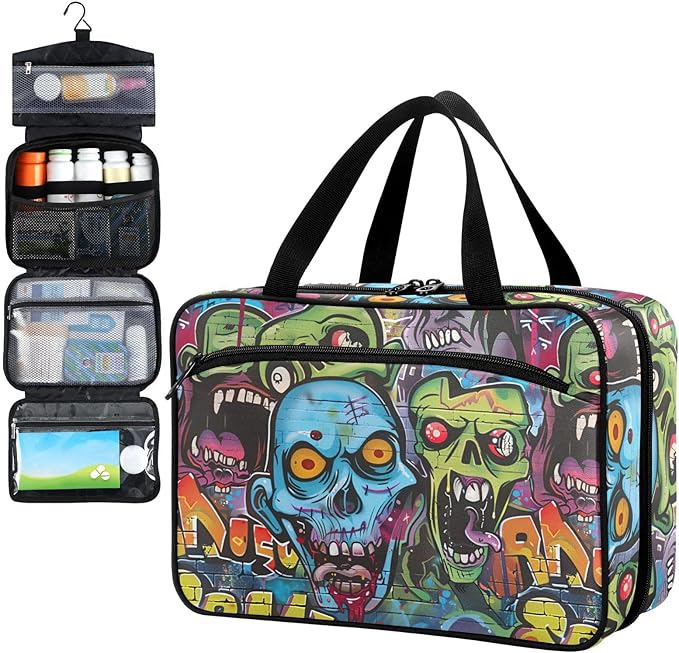 Fustylead Graffiti Art Zombie Green Scary Walking Dead Pill Organizer Bag Large Medicine Travel Carrying Case with Zipper for Vitamin Supplements Fish Oil, Empty First Aid Kit for Hiking Camping