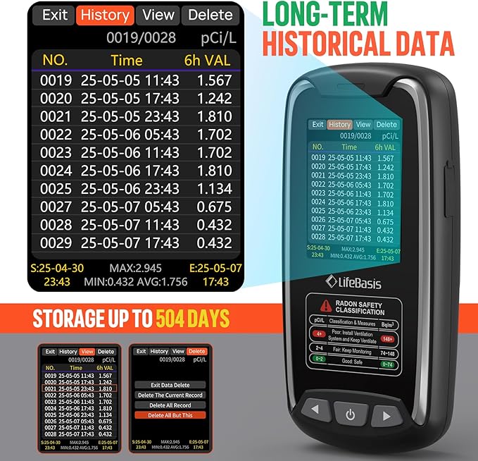 LifeBasis Portable Radon Detector with TFT Color Display, First Result in 6 Hours, Rechargeable Radon Monitor for Home Basement, 504-Day Accurate Data Storage, Visual & Audible Alarm pCi/L or Bq/m³