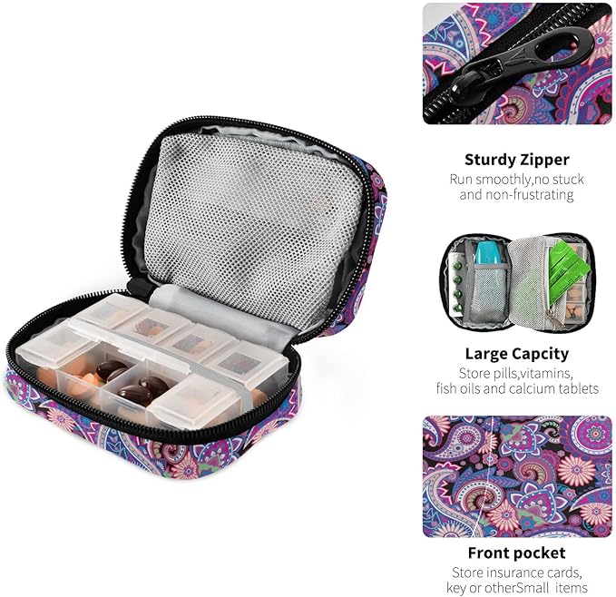 Naanle Traditional Paisley Flowers Pill Box 7 Day Case Travel Organizer Bag with Zipper Floral Portable Weekly Compact Size for Vitamin Supplement Holder, 4.6 x 3.14 x 1.88 Inch, Purple