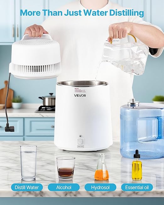 VEVOR Water Distiller, 6L/1.6 Gallon Large Distilled Machine, 900W Distilling Water Maker, 304 Stainless Steel Interior Stiller with Plastic Container, Countertop Distiller for Home, White
