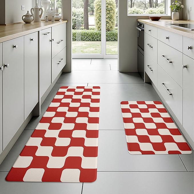 Red Beige Retro Curvy Checkered Grid Checkerboard Kitchen Rug Sets [2 PCs], Anti-Fatigue, Waterproof Non-Slip Kitchen Mats Heavy Duty Comfort Foam Rug for Floor, Home, Laundry,17"x29"+17"x47"