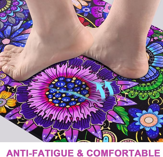Likiyol Boho Kitchen Rugs, Boho Floral Anti Fatigue Kitchen Mat for Floor, Bohemian Flowers Non Slip Washable Kitchen Floor Mats, Comfort Standing Mat, 18''x30'', Floral