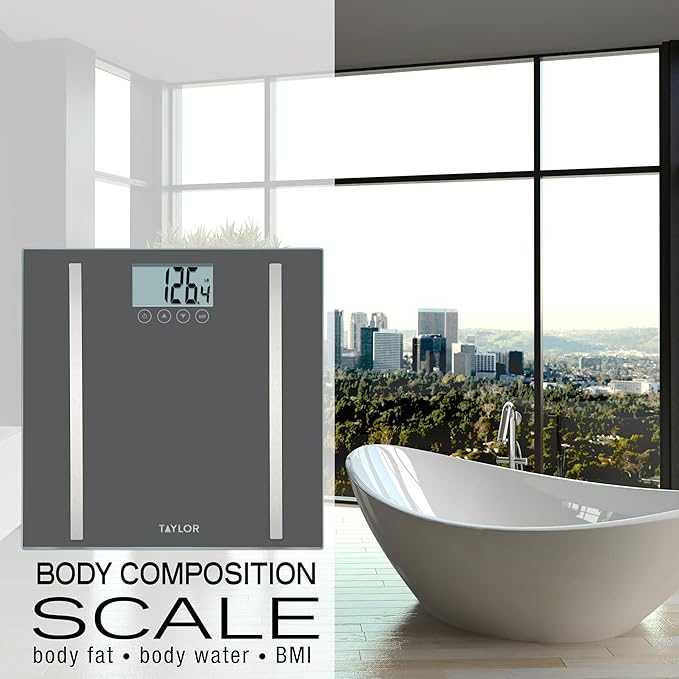 Taylor Digital Body Composition Scale, Bathroom Scale for Body Weight, Measures Body Fat, Body Water & Muscle Mass, 8 User Recognition, Normal & Athlete Modes, 400 lb Capacity, Black