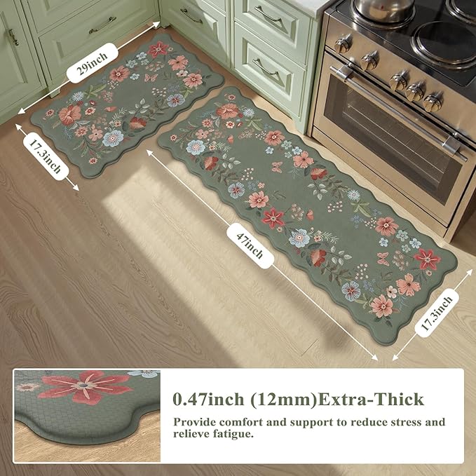 Collive Anti Fatigue Kitchen Mats, Scalloped Green Floral Kitchen Rugs Set of 2 Non Slip Waterproof Standing Mat, Memory Foam Comfort Desk Rug for Office, Sink, Laundry, 17.3"x29"+17.3"x47"