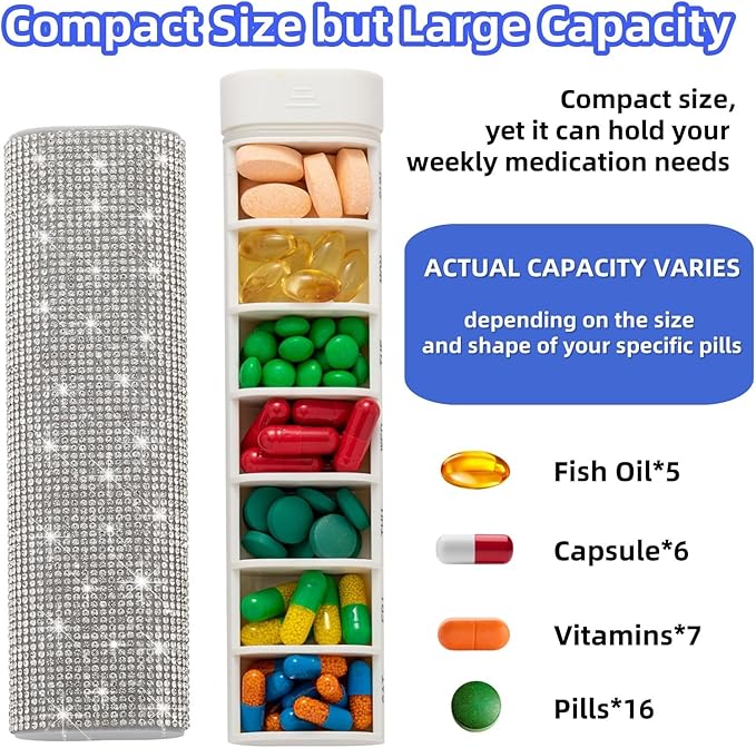 Pill Case for Purse Bling 7-Day Pill Organizer Weekly Compact Medicine Containers Travel Medication Box Holder for Traveling Women(White)