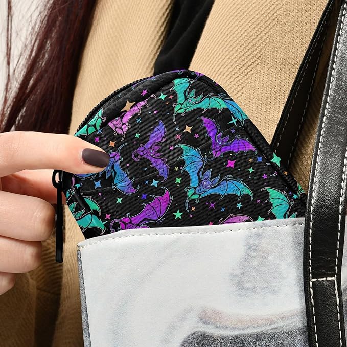 Travel Pill Organizer Bag Weekly Pill Organizer Case Goth Halloween Luminous Bats Portable Small Daily Pill Boxes for Vitamin Fish Oils Supplement Holder with Zipper Compact Size