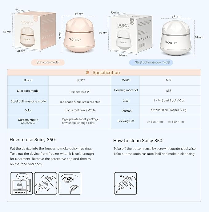Cooling Face Roller Metal Ice Roller for Home Use 360 Degree Rotate Frozen Face Ice Roller for Eye Steel Ball Massager Skin Clam Roller Travel Beauty Tool-White