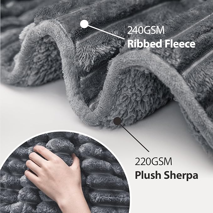 Sherpa Fleece Weighted Blanket 20lbs with 3D Ribbed Stripes, Soft Flannel Heavy Throw Blanket for Couch Bed, Heavy Thick Blankets with Glass Beads, Great for Deep Sleep, 60" x 80"
