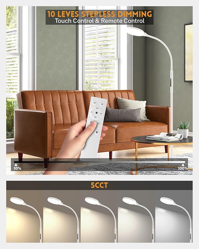Sunlight Lamp, 11000 Lux Full Spectum UV-Free LED Sun Light Floor Lamp with 5 Modes, 3 in 1 Mount, CRI97 Adjustable 10 Brightness/Timer/Memory, White