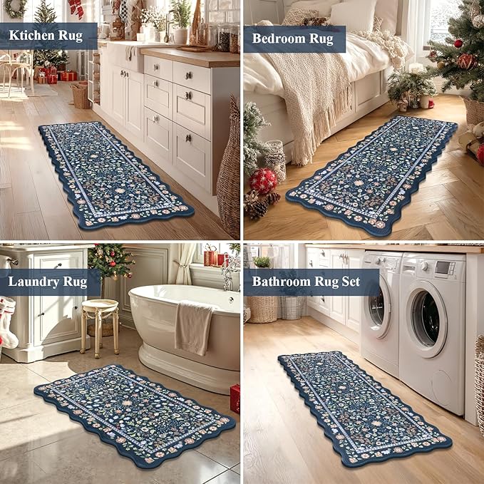 Yamaziot Anti Fatigue Kitchen Rugs Set of 3 - Boho Non Slip Waterproof Kitchen Mats for Floor, Boho Runner Rug for Kitchen Floor, Laundry, Desk, Bar, Office, 17.3"x29"+17.3"x35"+17.3"x47", Blue