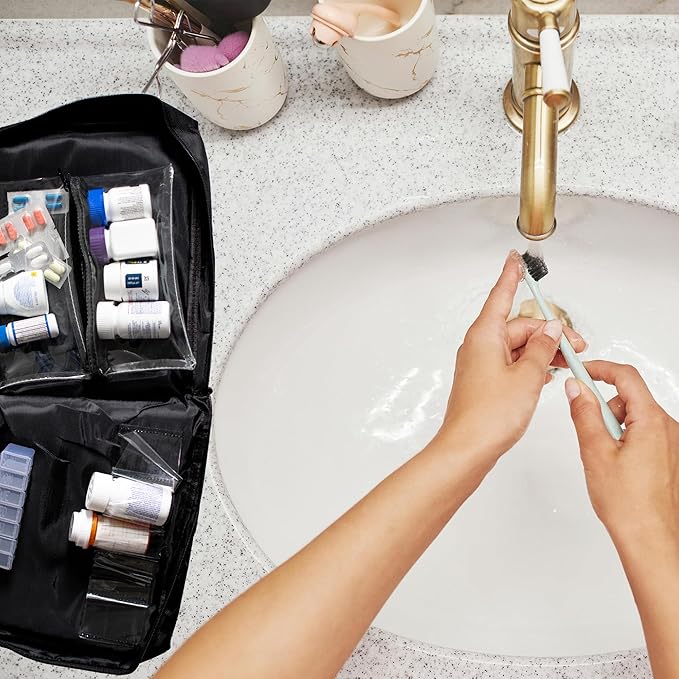 Large Medicine Bag Includes Pill Box and Removable Clear Bags, Prescription Bottle Organizer, Travel Carry Case, Combination Lock,12" x 10" x 2" (Black)