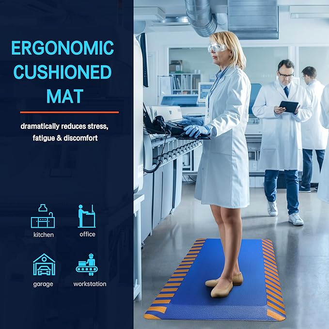 FEATOL Anti Fatigue Mat Industrial, Ergonomic Standing Floor Mat for Work for Stand, Safety Support for Leg & Back Pain(Blue with Yellow Border, 20" x 32", 1PC)