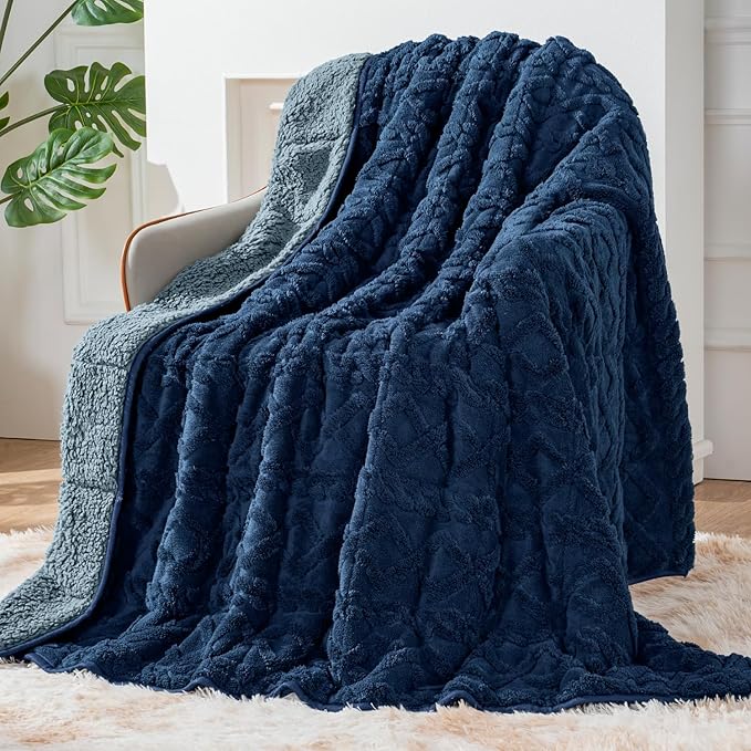 Sherpa Fleece Adult Weighted Blanket Great for Sleep, 20 lbs Dual Sided Soft Fuzzy Heavy Blankets for Couch Bed Sofa, Cozy Warm Fluffy Jacquard Throw for Winter (Navy Blue, 60" x 80", 20 Pounds)