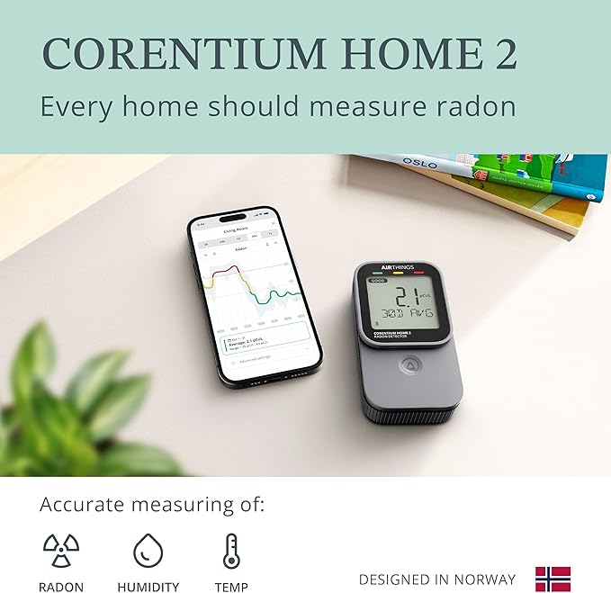 Airthings 325 Corentium Home 2 Smart Digital Radon Detector - Portable and Easy-to-use Radon Testing with Bluetooth connectivity and Humidity & Temperature Sensors