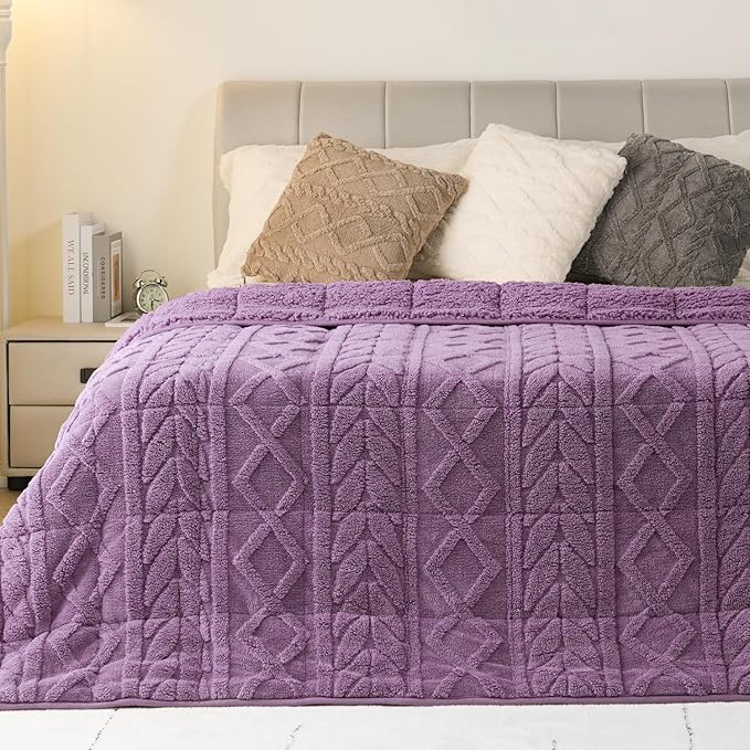 Cottonblue Jacquard Weighted Blanket 15lbs for Adults Twin Full Size, Soft Fuzzy Sherpa Fleece Weighted Throw Blankets 48x72 in for Relax and Sleep, Cozy Heavy Bed Blankets with Glass Beads, Purple
