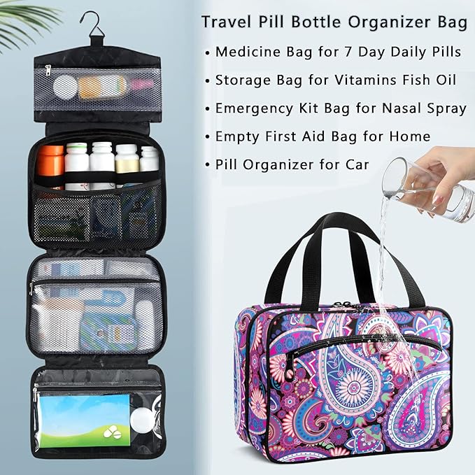 Naanle Pill Organizer Bag Travel Pill Bottle Medicine Organizer Home Storage Medication Bag for Vitamin Supplements, Traditional Paisley Flowers Empty First Aid Bag for Car Camping, 1.0 Count
