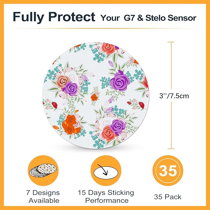 Adhesive Patches for Dexcom G7 Waterproof Sensor Covers Stelo Overpatch Latex-Free CGM Tape 15Days Long Stay Hypoallergenic Medical Glue No Hole,35Pack