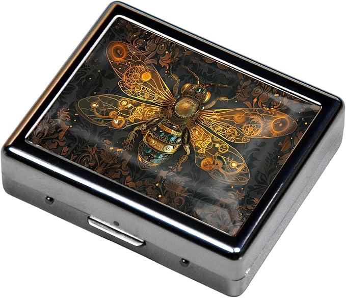 7 Days Chromed Shiny Silver Pill Organizer with Mirror Inside Has 8 Separate Compartments Rectangle Cute Travel Pill Organizer for Purse 7 Days (Bees)