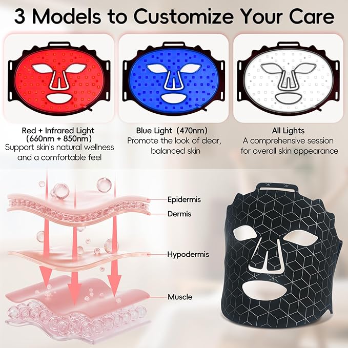 Red Light LED Facial Mask, 3 Modes Portable Silicone Skincare Mask with 850NM Infrared, Red & Blue Light Mask with Timing Function Eye Protection Cushion, for Home Use Skin Appearance Support
