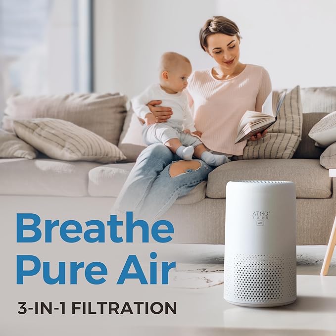 Atmotube AIR HEPA Air Purifier for Home – True H13 HEPA Filter for Small Rooms up to 172 sq.ft – 3-Stage Filtration for Smoke, Dust, Pets & Pollen – Ultra-Quiet Sleep Mode (28dB) & Night Light
